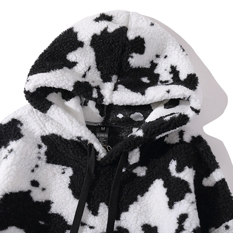 Factory Direct Kangaroo Pocket Wool Lamb Hooded Sweatshirt Cow Printing Sherpa Hoodie Fleece pullover
