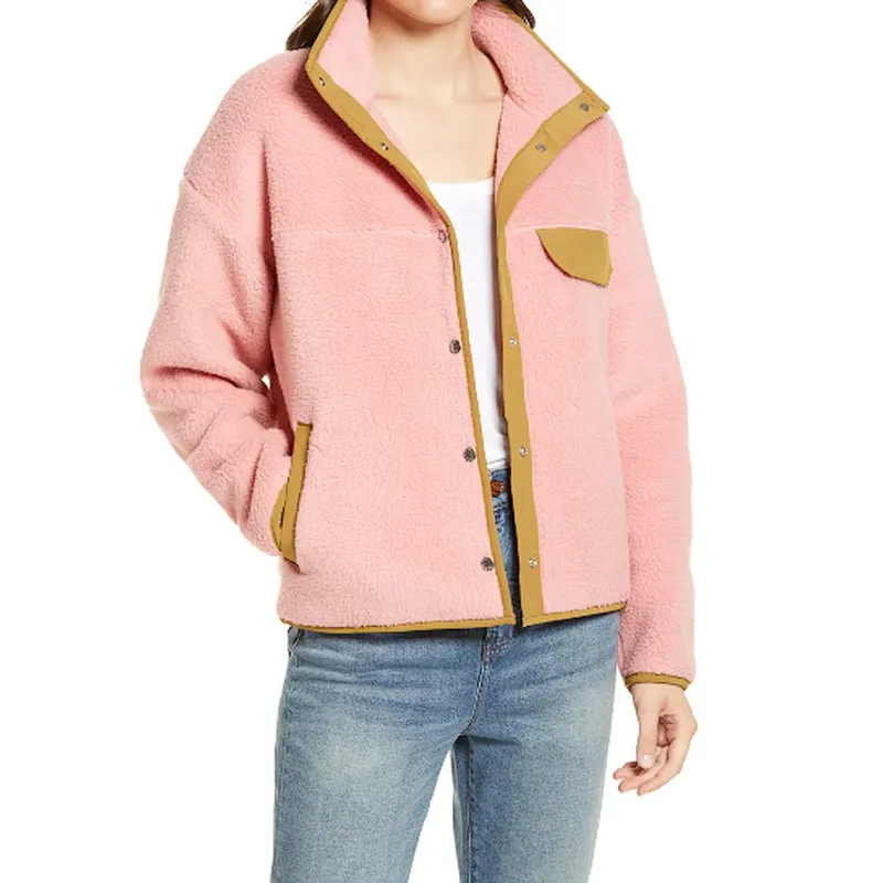 Custom Logo Winter Warm Teddy Coat Full Button Solid color Sherpa Fleece Bomber Jacket