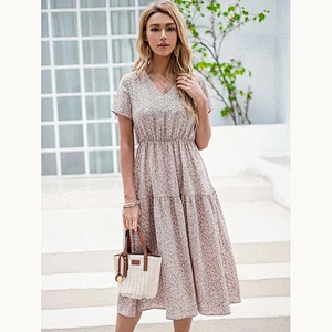 New Arrival V Neck Ditsy Floral A-line Dress ladies dresses 2021 elegant