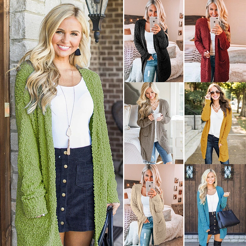 2019 Wholesale knitted Coat seven Color Women Long Sweater Cardigan with side pockets