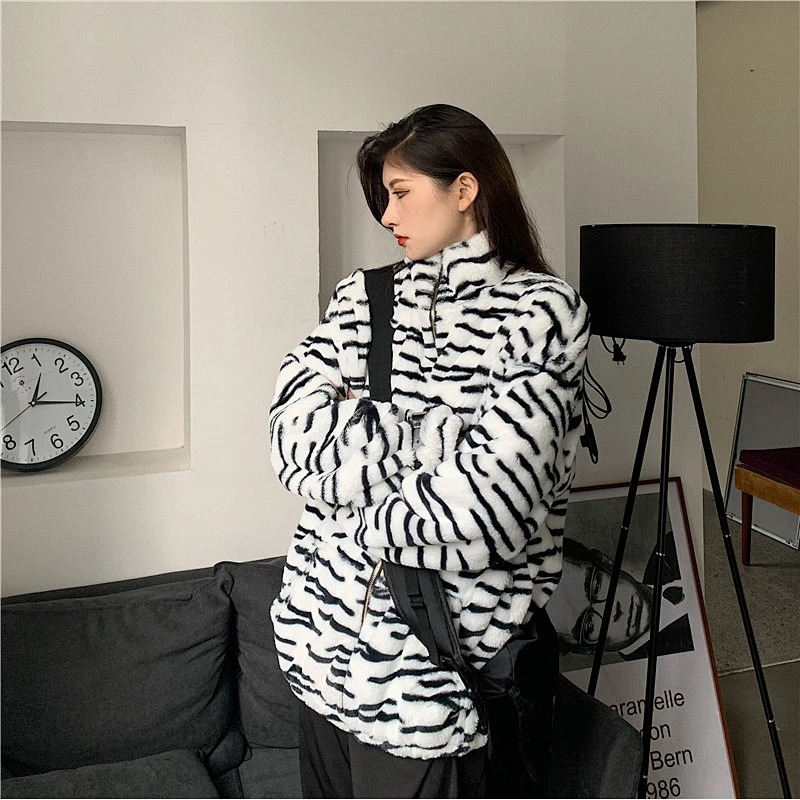 Amazon INS Hot Cozy Plush Coat Zebra Pattern Full Zip Sherpa Fleece Jacket Pullover