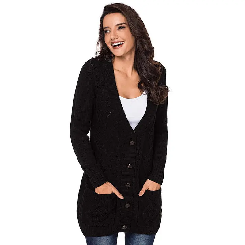 Hot sale Premium Knitting Sweater Pockets Button Deep V Neck Fitted Womens Cardigan Long