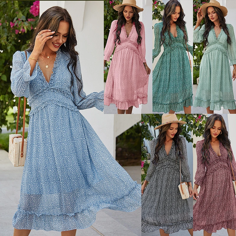 2021 New All Over Print Deep V-neck Ruffle Hem Dress
