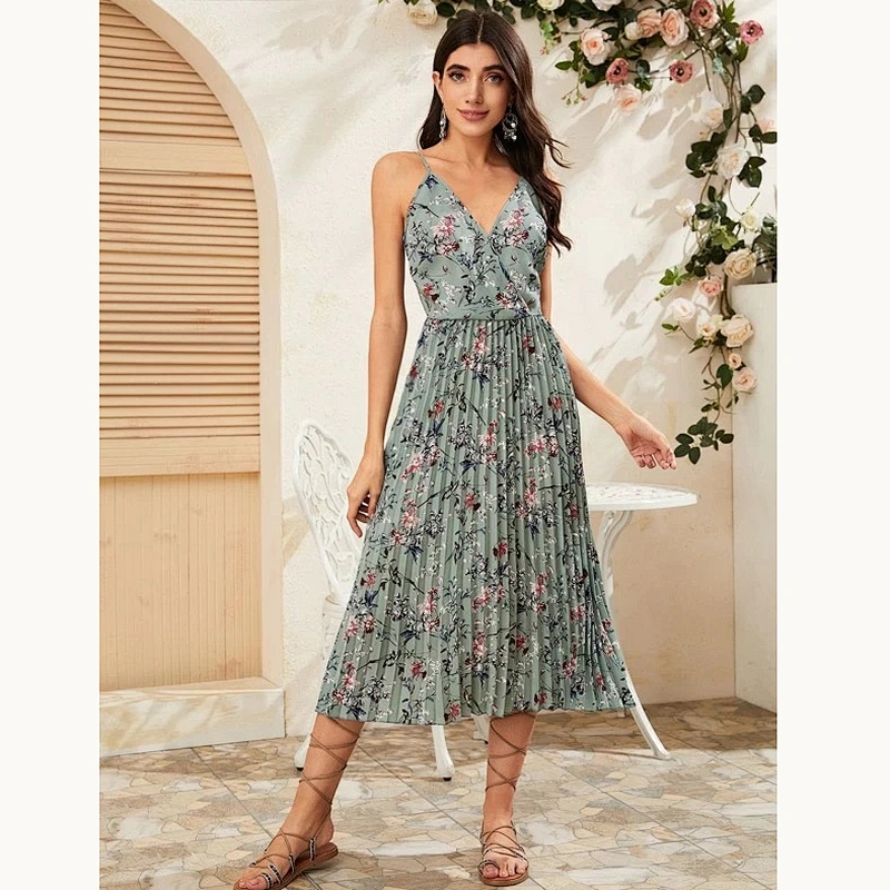 2021 New Floral Print Pleated Slip Dress