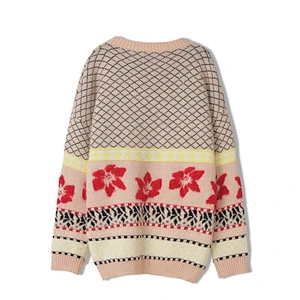 OEM/ODM Lady Fashion Vintage Style Loose Pullover Sweater Tops Lattice Printing Beaded Knitted Sweater