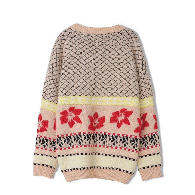 OEM/ODM Lady Fashion Vintage Style Loose Pullover Sweater Tops Lattice Printing Beaded Knitted Sweater