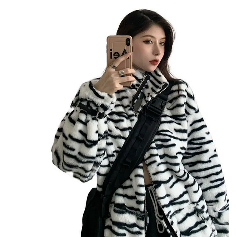 Amazon INS Hot Cozy Plush Coat Zebra Pattern Full Zip Sherpa Fleece Jacket Pullover