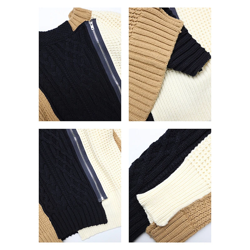 Factory Direct Women's Winter Patchwork Knitwear outwear zip-up crew neck Knitted Sweater Coat