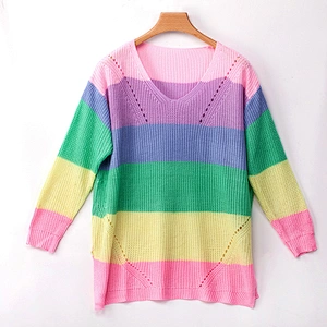 2019 Autumn Side Slit Sweater Horizontal Colorful Stripe Oversize Knit Sweater Women