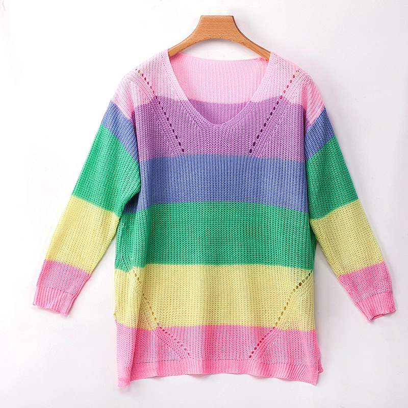 2019 Autumn Side Slit Sweater Horizontal Colorful Stripe Oversize Knit Sweater Women