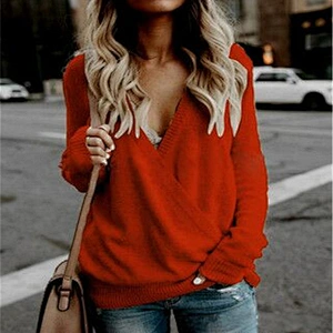 Fancy Autumn Knitted Jumper Ribbed Deep V Neck Sexy Women Wrap Surplice Sweater Top