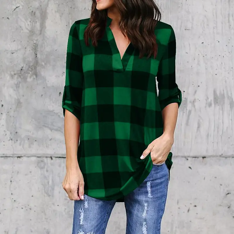 Wholesale Plaid Printed V-neck Long-sleeved Ladies Shirt Office Tunic Shirts Tops For Women