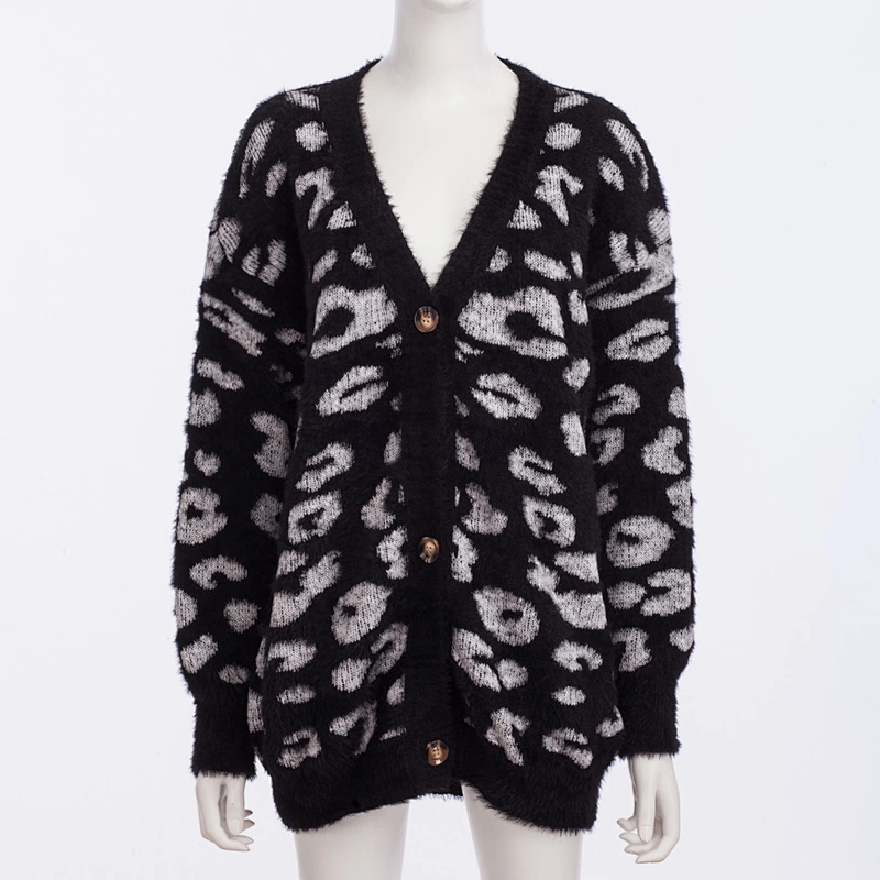 Trendy cashmere sweater Long sleeve Tree color Leopard Print knitted sweater cardigan
