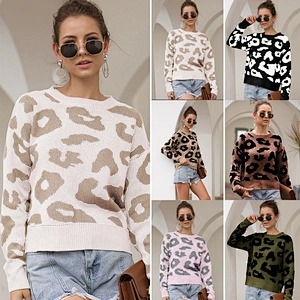 2020 Women's Causal Long Sleeve Crew Neck Leopard Print Knitted Pullover Sweater Tops