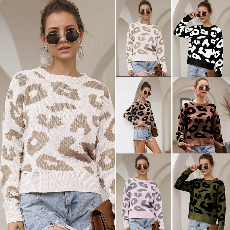 2020 Women's Causal Long Sleeve Crew Neck Leopard Print Knitted Pullover Sweater Tops