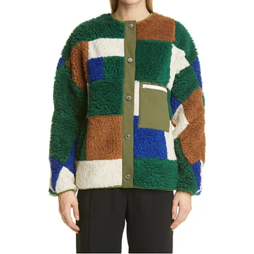 Women's Winter Warm Teddy Coat Fuzzy Faux Button Up Outwear Crew Neck Patchwork Oversize Fleece Jacket