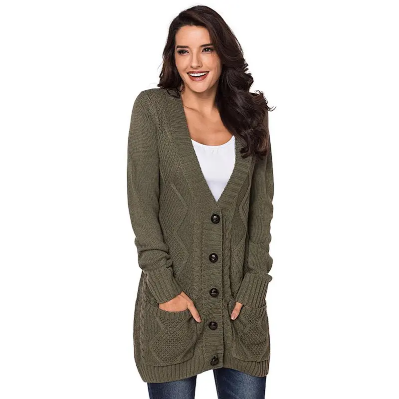Hot sale Premium Knitting Sweater Pockets Button Deep V Neck Fitted Womens Cardigan Long