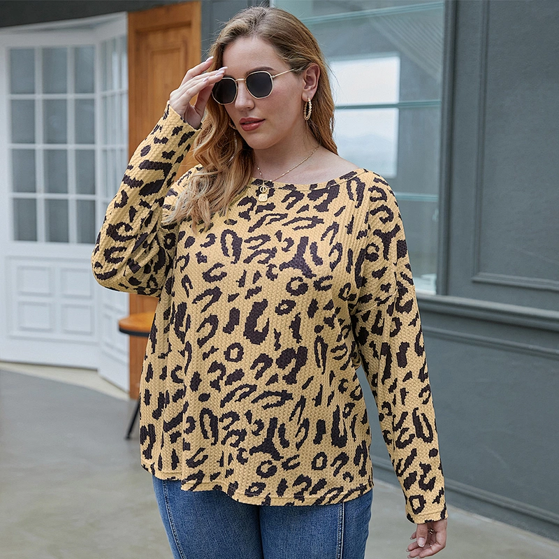 Amazon Top Selling  Women Plus Size Leopard Print Sweater Tops Long Sleeve Pullover Blouse