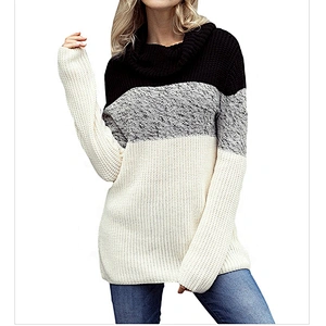 Women Color Blocked Turtleneck Long Sleeve Pullover Sweater