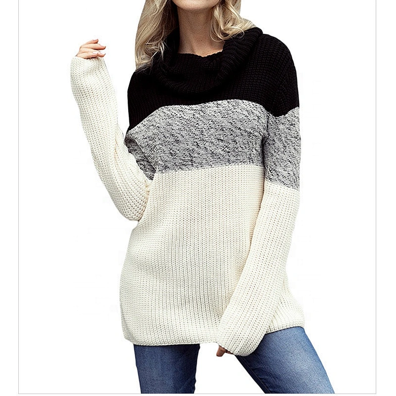 Women Color Blocked Turtleneck Long Sleeve Pullover Sweater