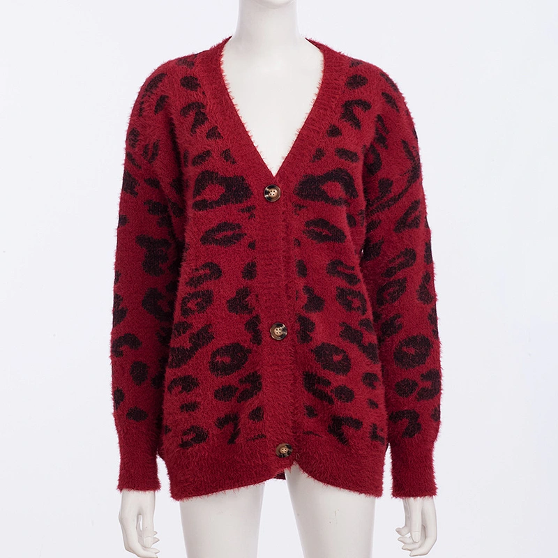Trendy cashmere sweater Long sleeve Tree color Leopard Print knitted sweater cardigan