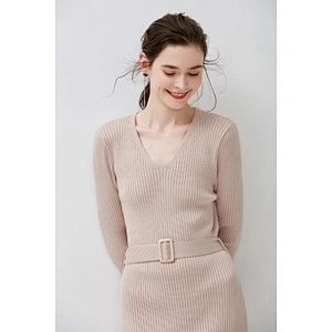 Custom Logo Womens Over-knee Long Sweater Dress  V-Neck Front Belted knitted Tunic Sweater Dress Pullover