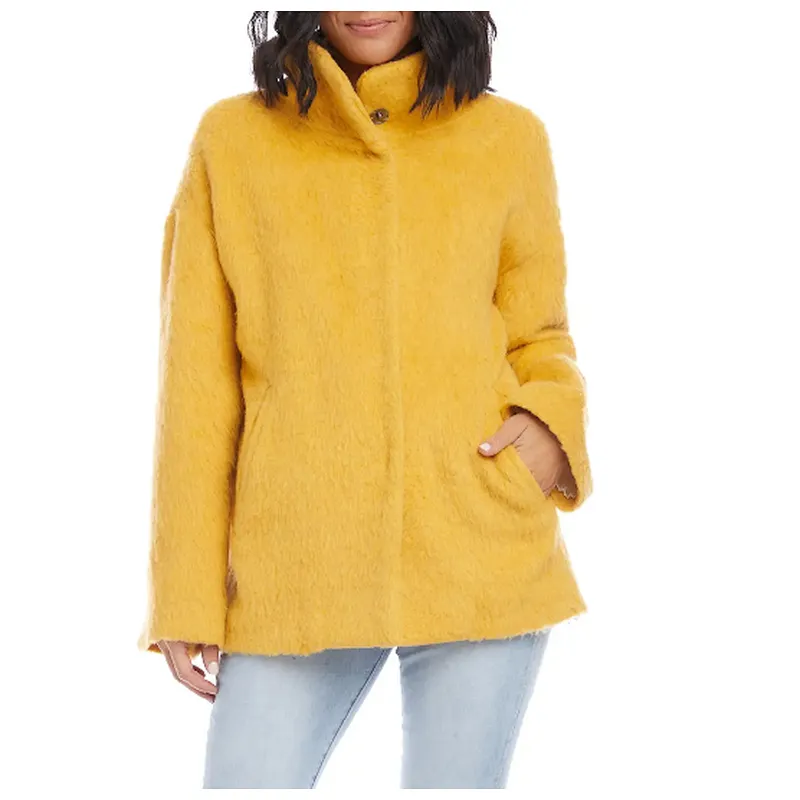 Custom Logo Womens Middle long Solid color Outwear Funnel Neck Button Sherpa Jacket Coat