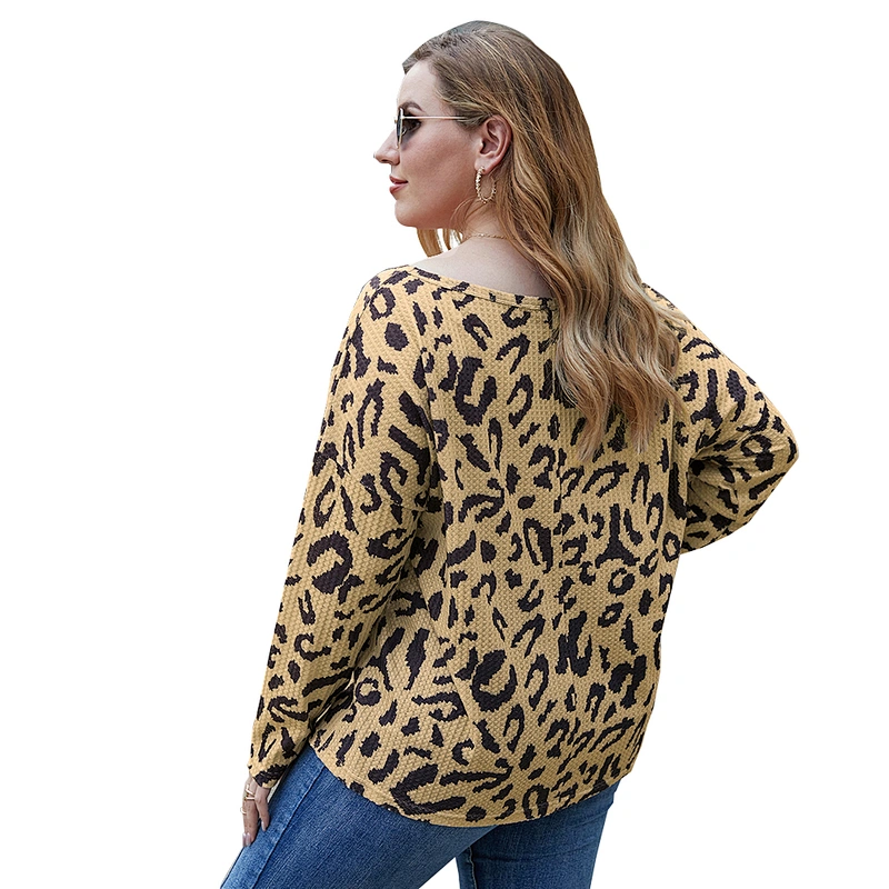 Amazon Top Selling  Women Plus Size Leopard Print Sweater Tops Long Sleeve Pullover Blouse