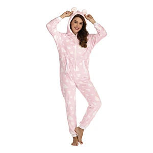 Women Plush Fabric One Piece Sleepwear Loungewear Hooded Zipper Onesie Sherpa Pajamas Jumpsuit