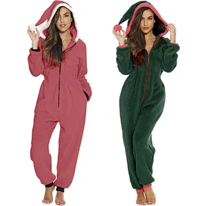 Customized Logo & Design One Piece Christmas Jumpsuit Playsuit Loungewear Zipper Hooded Sherpa Fleece Onesie Pajamas