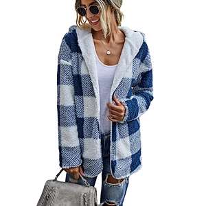 Factory Direct Womens Fuzzy Lapel Open Front Reversible Coat Outwear Patchwork Plaid Sherpa Fleece Hoodies