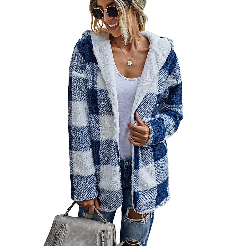 Factory Direct Womens Fuzzy Lapel Open Front Reversible Coat Outwear Patchwork Plaid Sherpa Fleece Hoodies