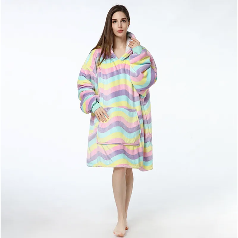 Women Cute Oversized Huggle Hoodie Blanket Sweatshirt Fuzzy Sherpa Pullover TV blanket with Kangaroo Pocket