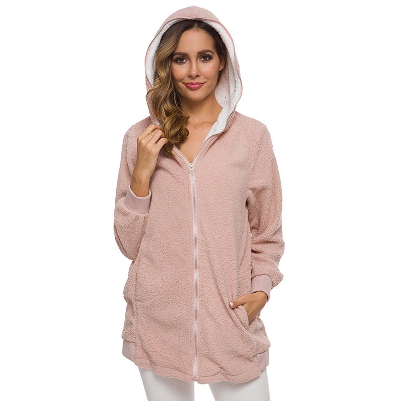 Amazon Hot Women Plus Size Fuzzy Lamb Winter Coat Outwear Solid Full Zip-up Sherpa Fleece Hoodies
