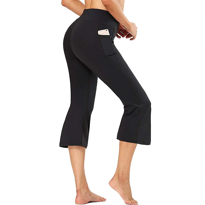 Women's High Waist Yoga Pants with Pocket Flare Leg Capris Quick Dry Solid Workout Yoga Fitness Sports Pants