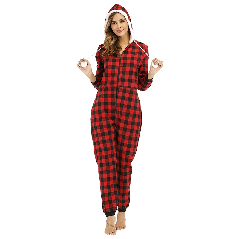 Women Plush Fabric One Piece Sleepwear Loungewear Plaid Zipper Onesie Sherpa Pajamas Hoodies