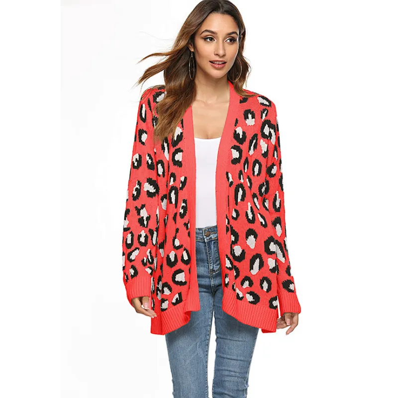 Custom Logo Women's Long Sleeves Leopard Print Knitting Cardigan Open Front Fuzzy Sweater Outwear Coats