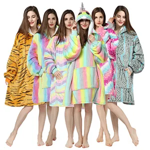 Women Cute Oversized Huggle Hoodie Blanket Sweatshirt Fuzzy Sherpa Pullover TV blanket with Kangaroo Pocket