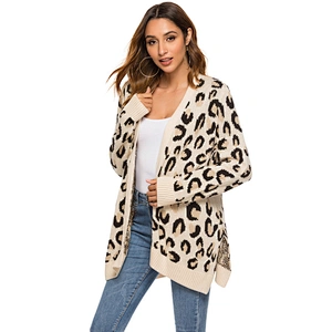 Custom Logo Women's Long Sleeves Leopard Print Knitting Cardigan Open Front Fuzzy Sweater Outwear Coats