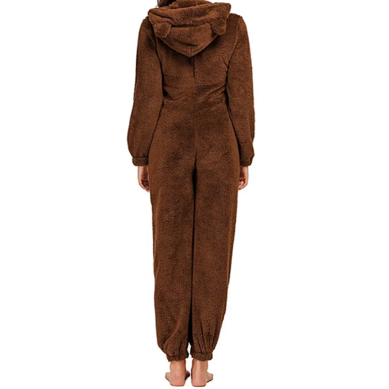 Women One Piece Fleece Pajamas Onesie Hooded Zipper Romper Jumpsuit Fuzzy Warm Sherpa Sleepwear Homewear