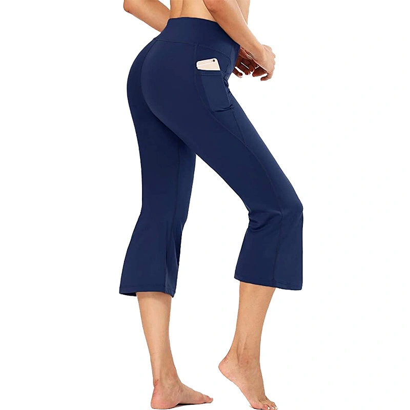 Women's High Waist Yoga Pants with Pocket Flare Leg Capris Quick Dry Solid Workout Yoga Fitness Sports Pants