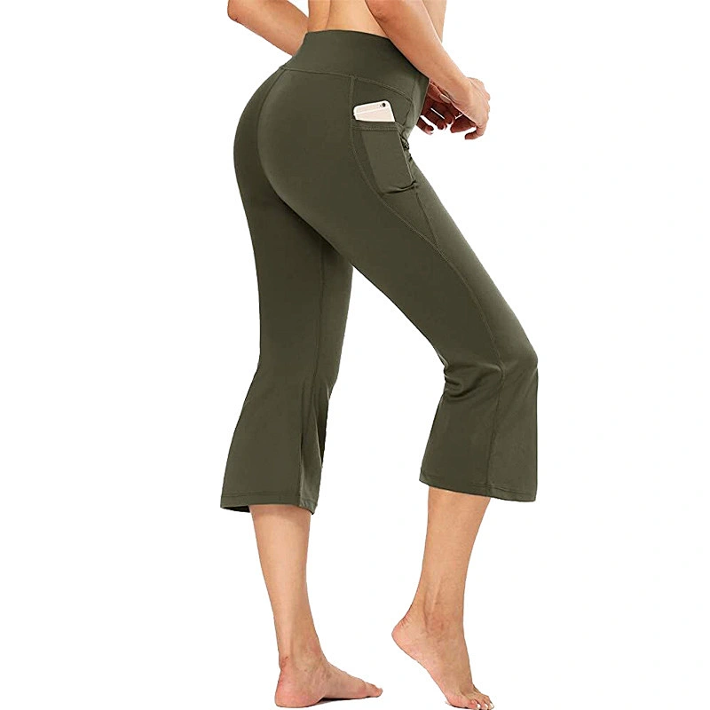 Women's High Waist Yoga Pants with Pocket Flare Leg Capris Quick Dry Solid Workout Yoga Fitness Sports Pants