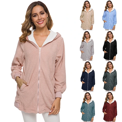 Amazon Hot Women Plus Size Fuzzy Lamb Winter Coat Outwear Solid Full Zip-up Sherpa Fleece Hoodies