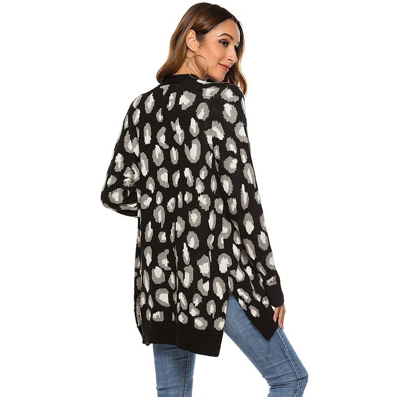Custom Logo Women's Long Sleeves Leopard Print Knitting Cardigan Open Front Fuzzy Sweater Outwear Coats