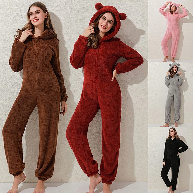 Women One Piece Fleece Pajamas Onesie Hooded Zipper Romper Jumpsuit Fuzzy Warm Sherpa Sleepwear Homewear