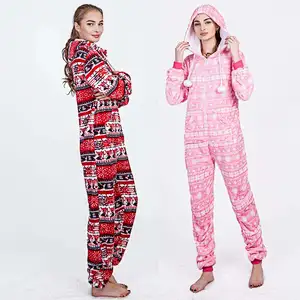Customized Logo & Design One Piece Christmas Jumpsuit Playsuit Loungewear Zipper Hooded Sherpa Fleece Onesie Pajamas