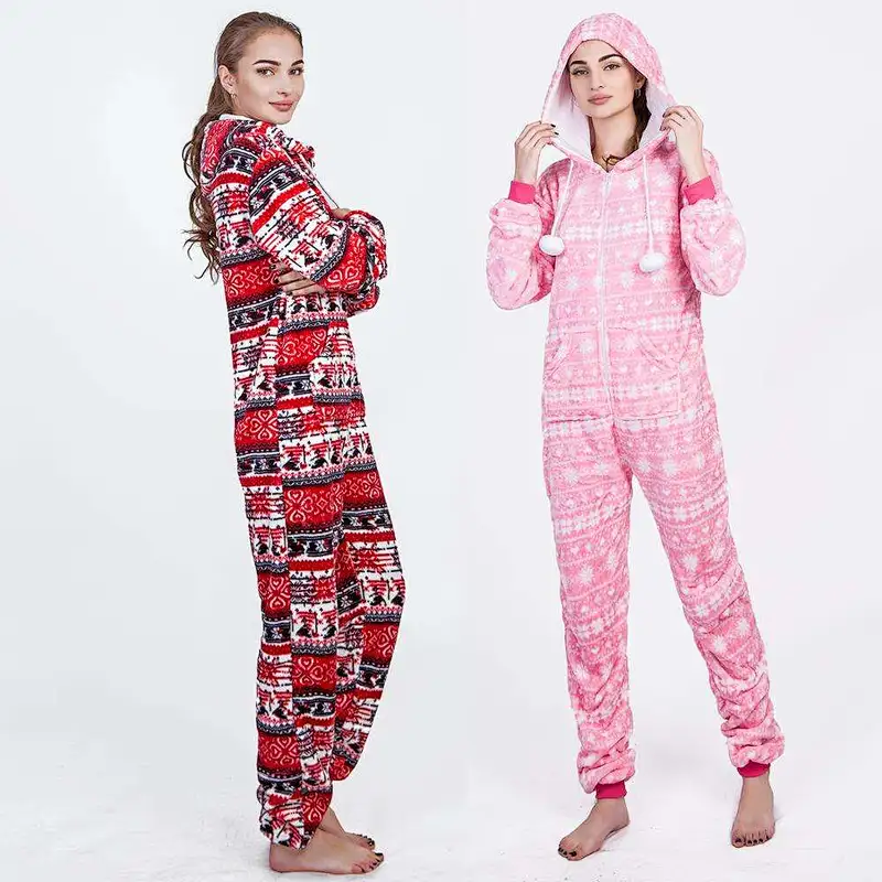 Customized Logo & Design One Piece Christmas Jumpsuit Playsuit Loungewear Zipper Hooded Sherpa Fleece Onesie Pajamas