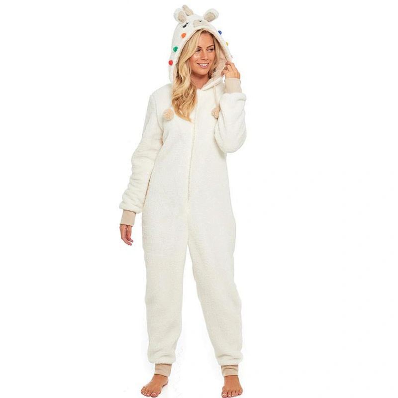 Womens Fuzzy One piece Sleepwear Zipper Hooded Sherpa Fleece Onesie Pajamas Jumpsuit