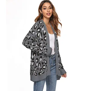 Custom Logo Women's Long Sleeves Leopard Print Knitting Cardigan Open Front Fuzzy Sweater Outwear Coats