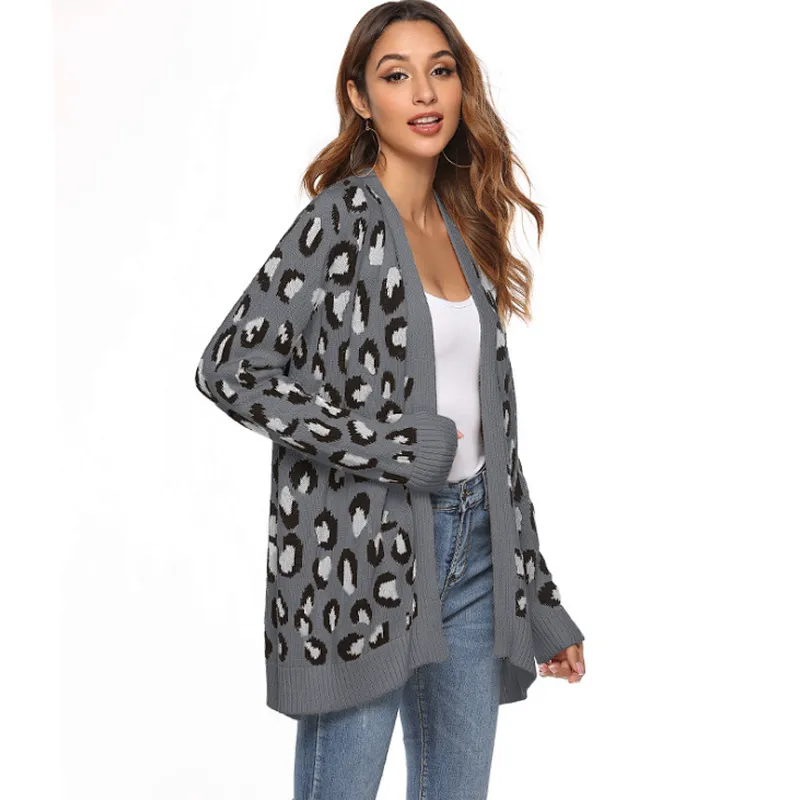 Custom Logo Women's Long Sleeves Leopard Print Knitting Cardigan Open Front Fuzzy Sweater Outwear Coats